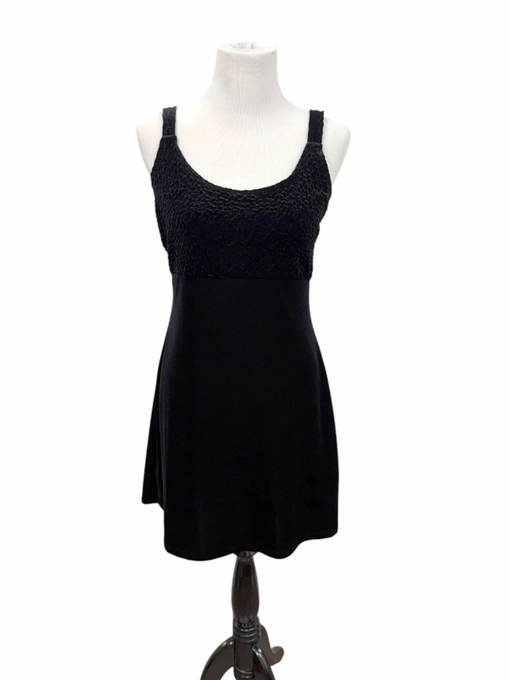 Vintage 90s Timing USA Black Velvet & Textured Lace Bustier Mini Dress Medium